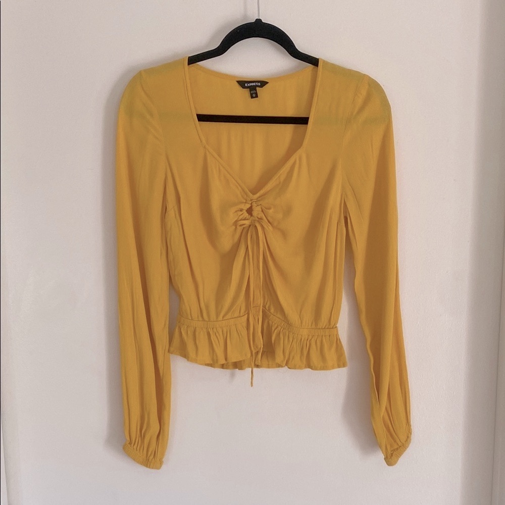 Express - Yellow Tie Front Ruched Peplum Blouse